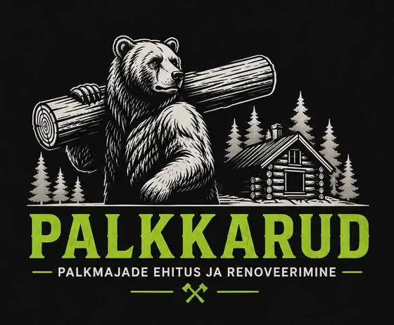 Palkkarud logo: karu kannab õlal palki, taustal palkmaja ja kuusemets